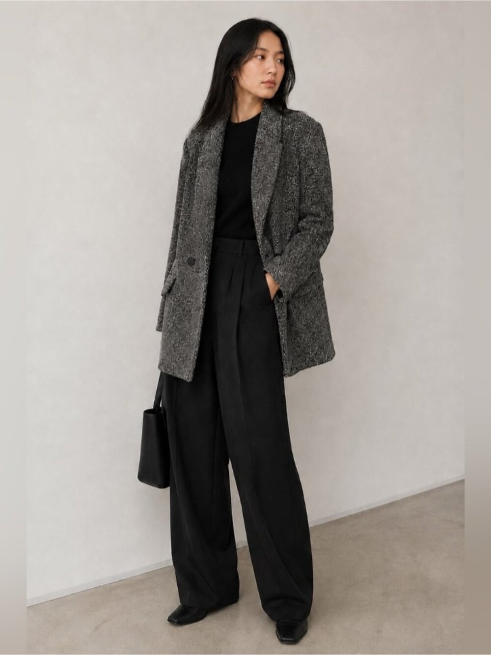 Oak + Fort Black White Bouclé Double Breasted Long Blazer Coat Jacket Size M